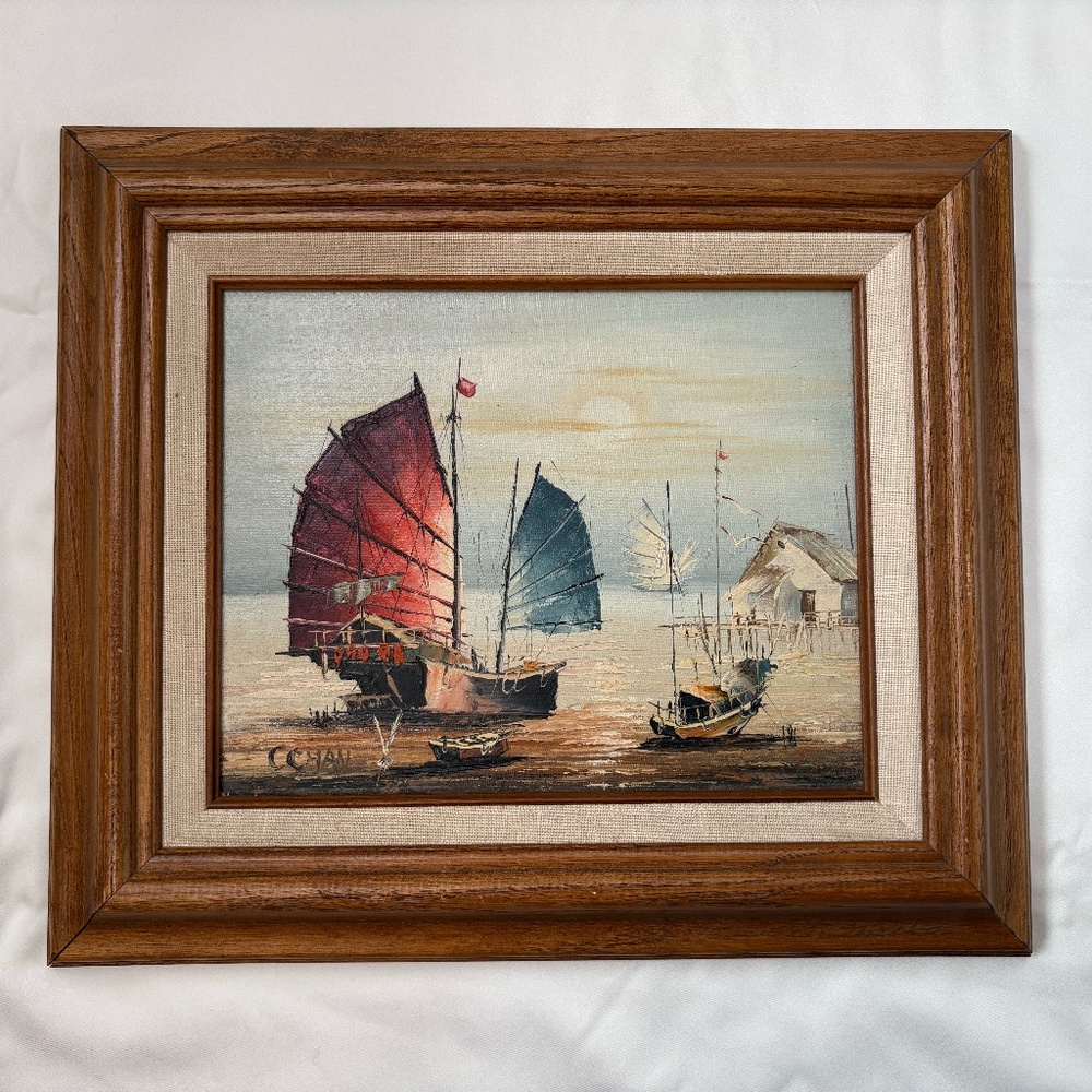 Vintage oil painting by C. Chan (14.5 x 12.5")